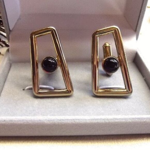 1950s Speidel Signed Red Glass Gold Geometric Vintage Cufflinks 14732 - Picture 1 of 6